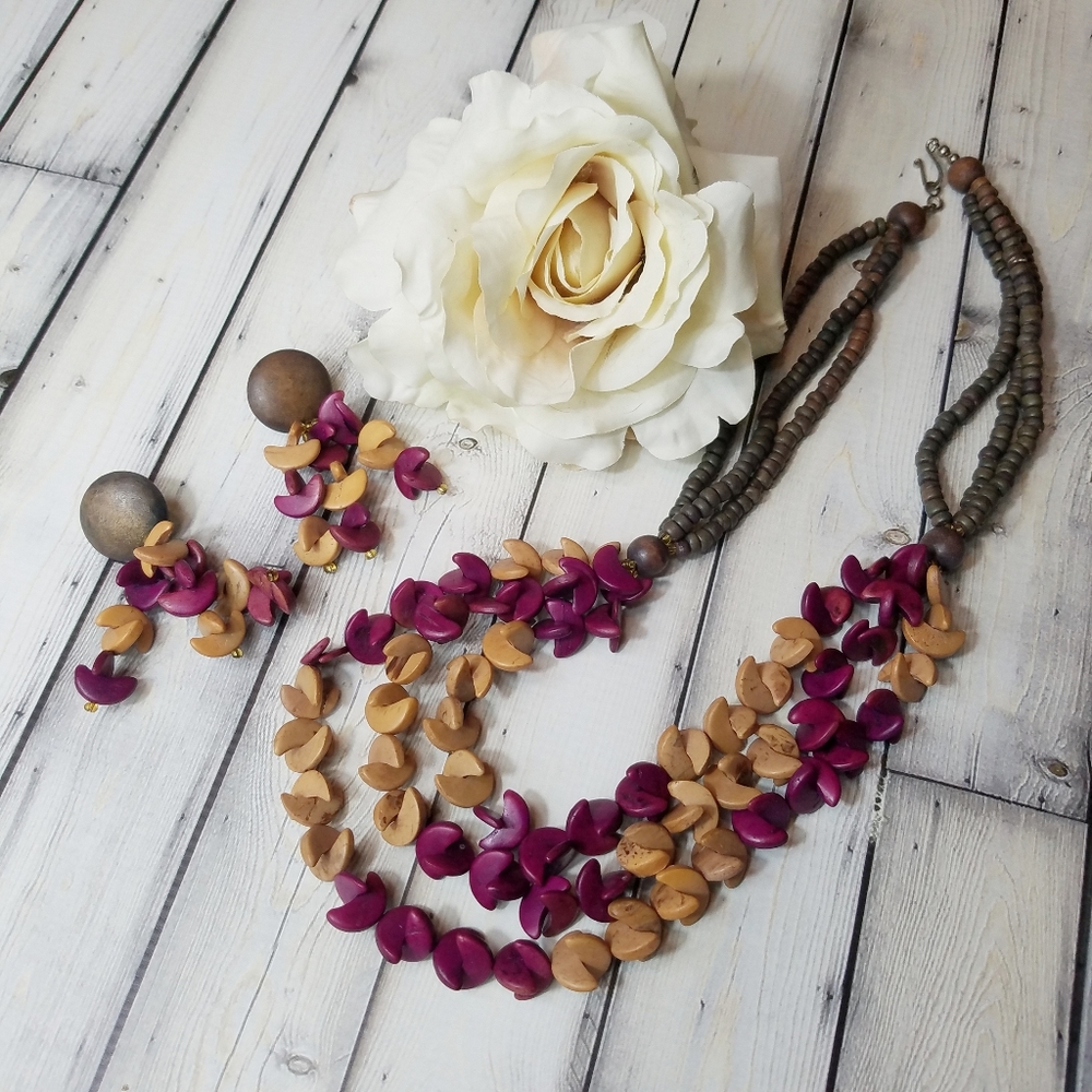 Vintage Wood Bead Necklace and Earring Set
